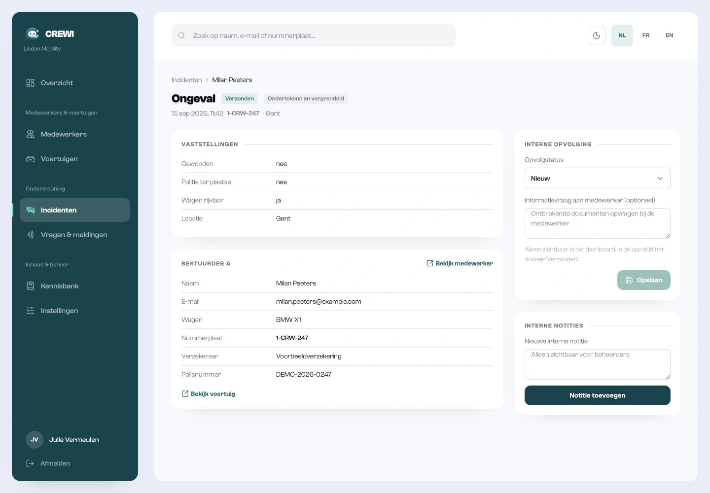 Bestaande Crewi-dossierweergave met de fictieve ongevalsaangifte van Milan Peeters, vaststellingen en interne opvolging